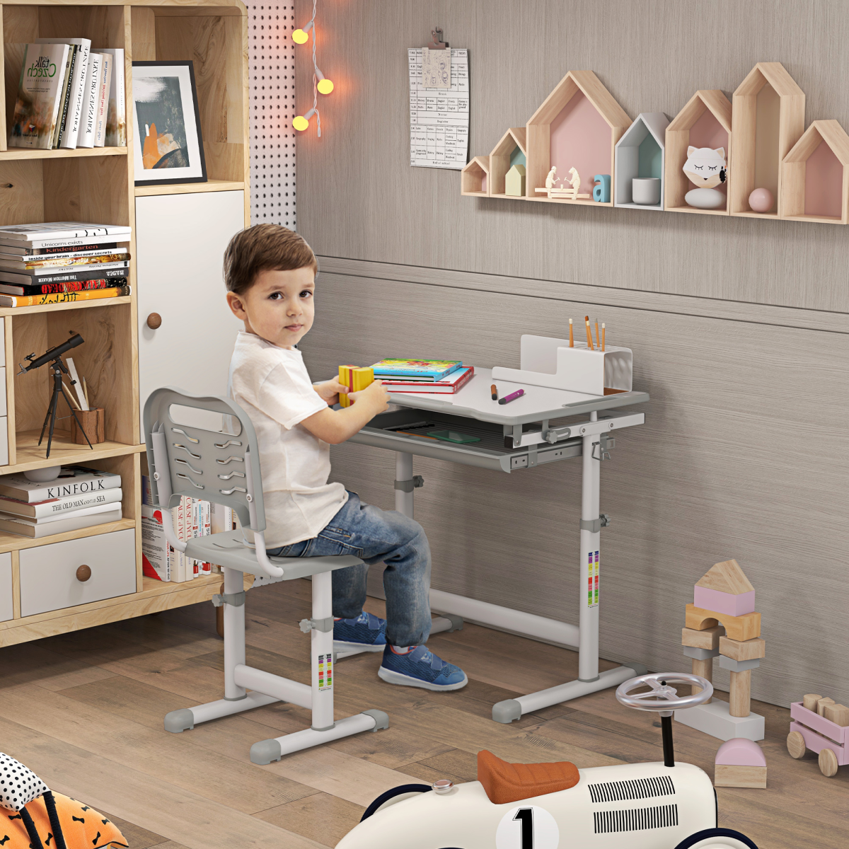 Adjustable Kids Desk & Chair Set with Drawer, Pen Slot & Safe Design