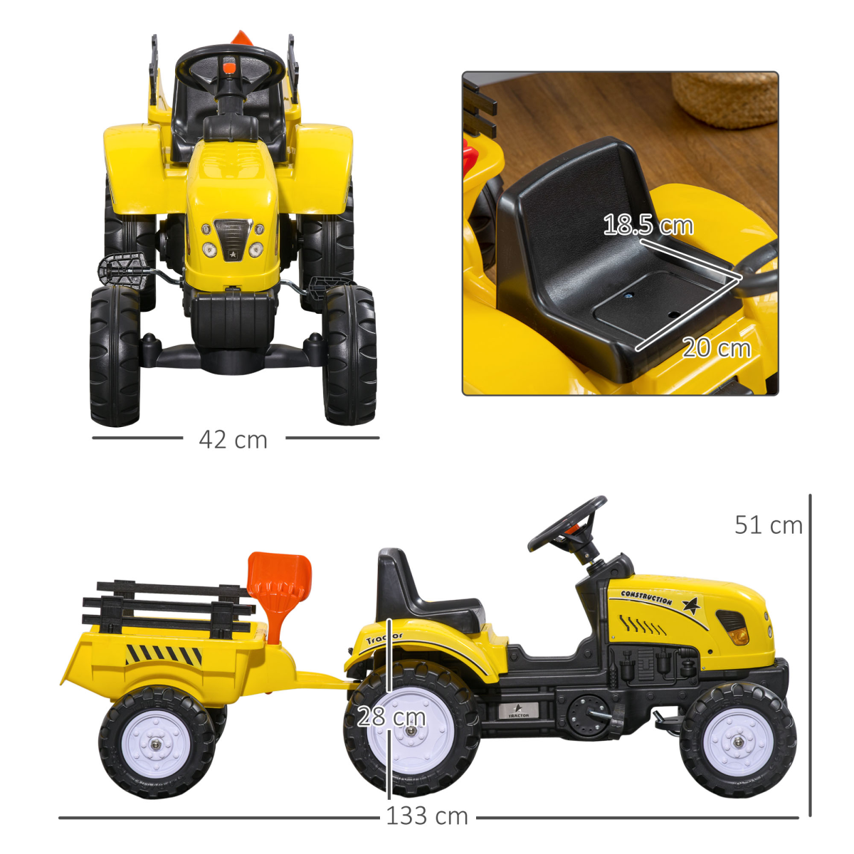 HOMCOM Kids Pedal Go Kart Tractor with Shovel & Rake - Fun Outdoor Adventure!