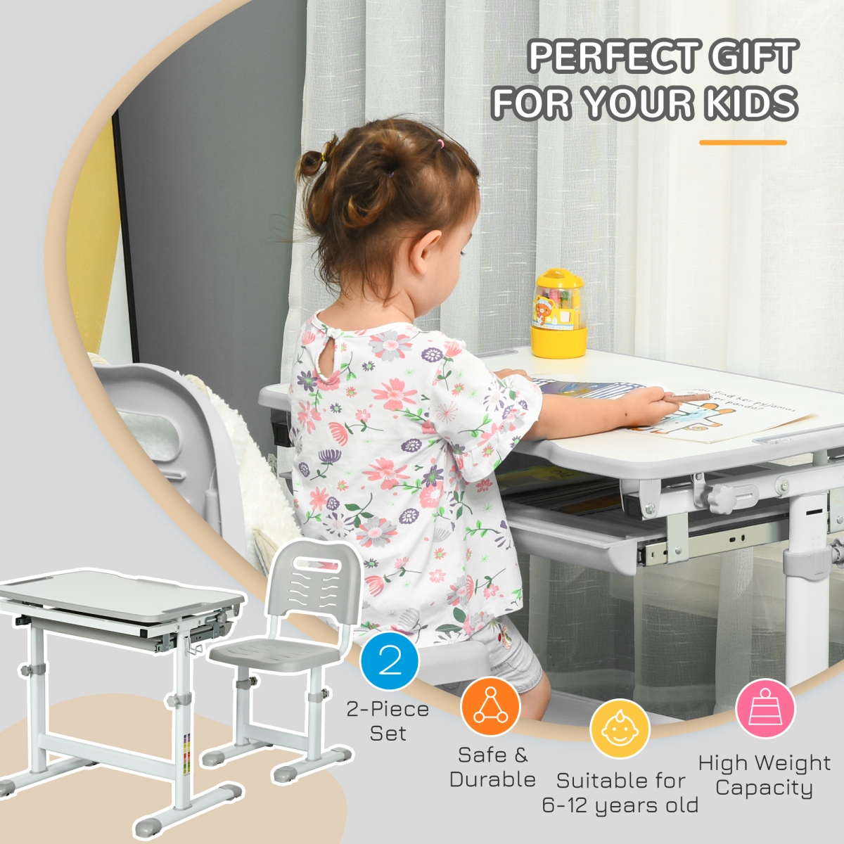 Adjustable Kids Desk & Chair Set with Drawer, Pen Slot & Safe Design
