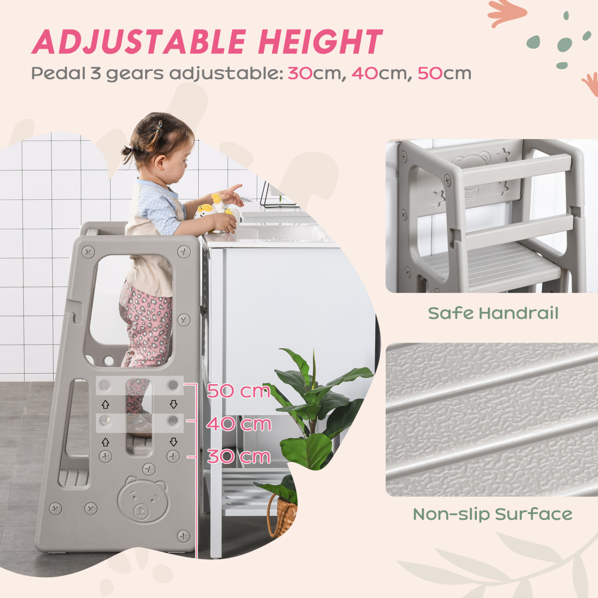 Adjustable Kids Step Stool - Safe & Stylish Toddler Kitchen Helper in Grey