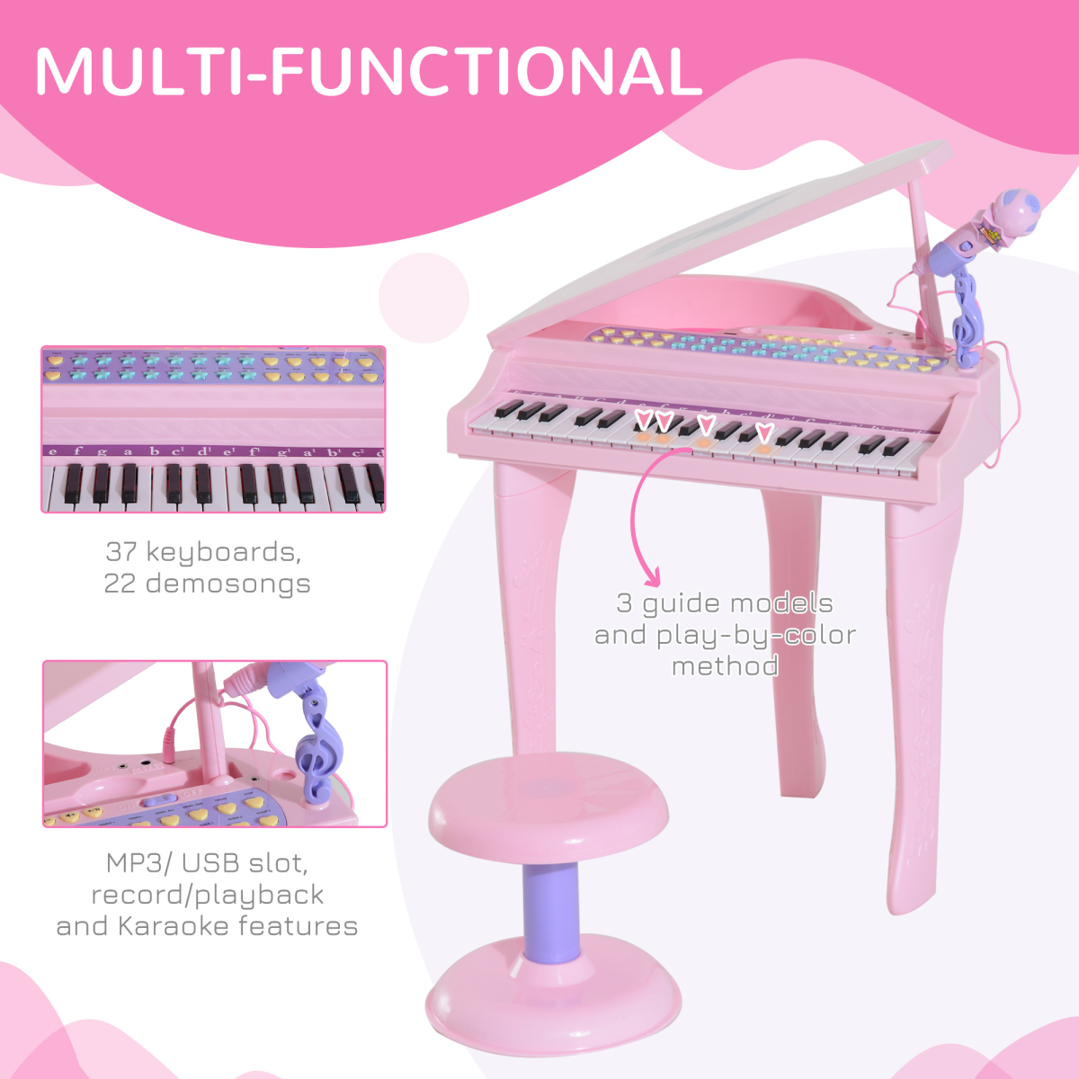 Enchanting 37-Key Pink Mini Piano with Microphone & Stool for Young Musicians!