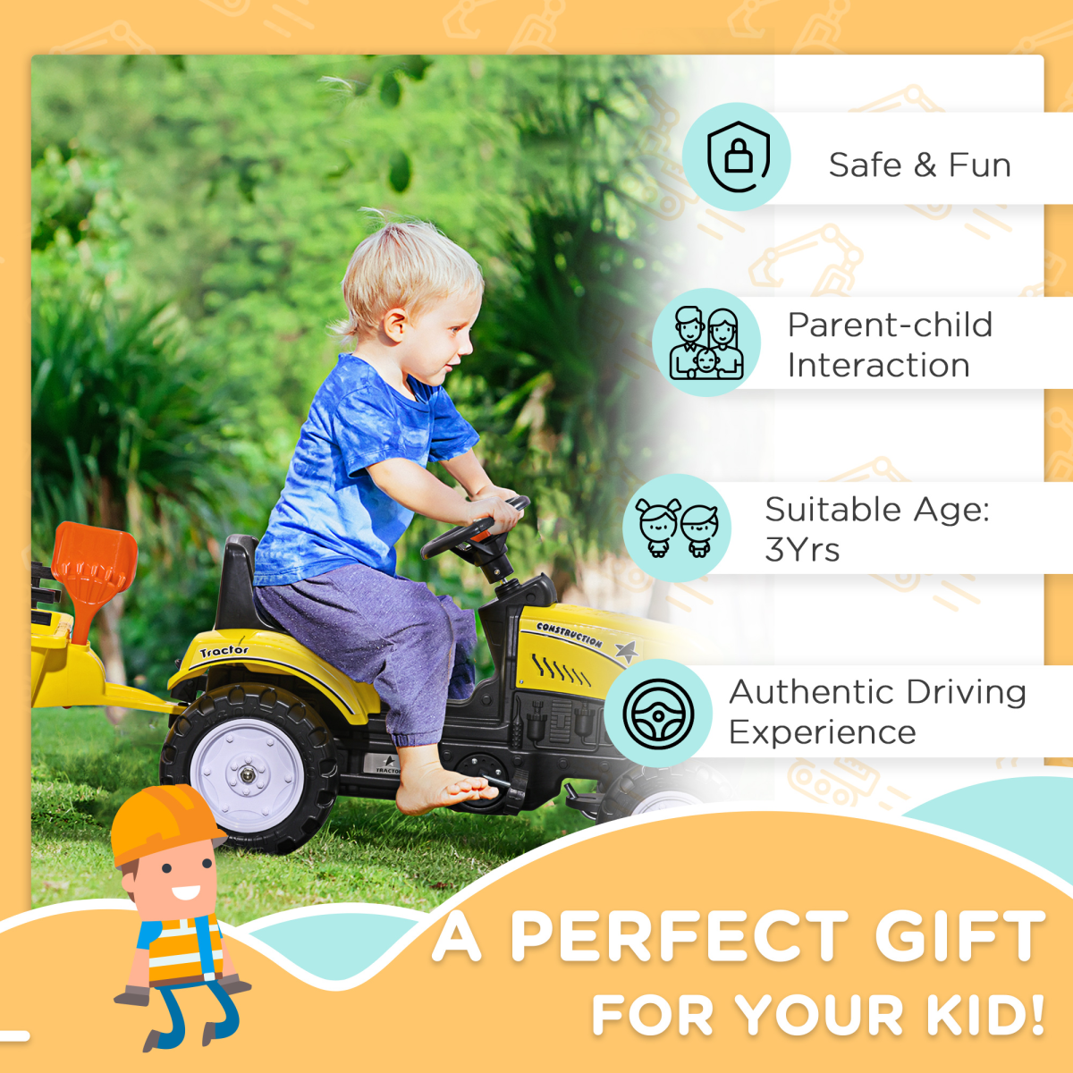 HOMCOM Kids Pedal Go Kart Tractor with Shovel & Rake - Fun Outdoor Adventure!