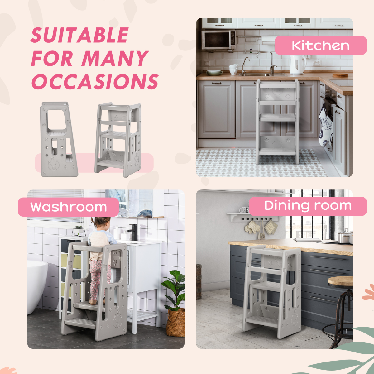Adjustable Kids Step Stool - Safe & Stylish Toddler Kitchen Helper in Grey