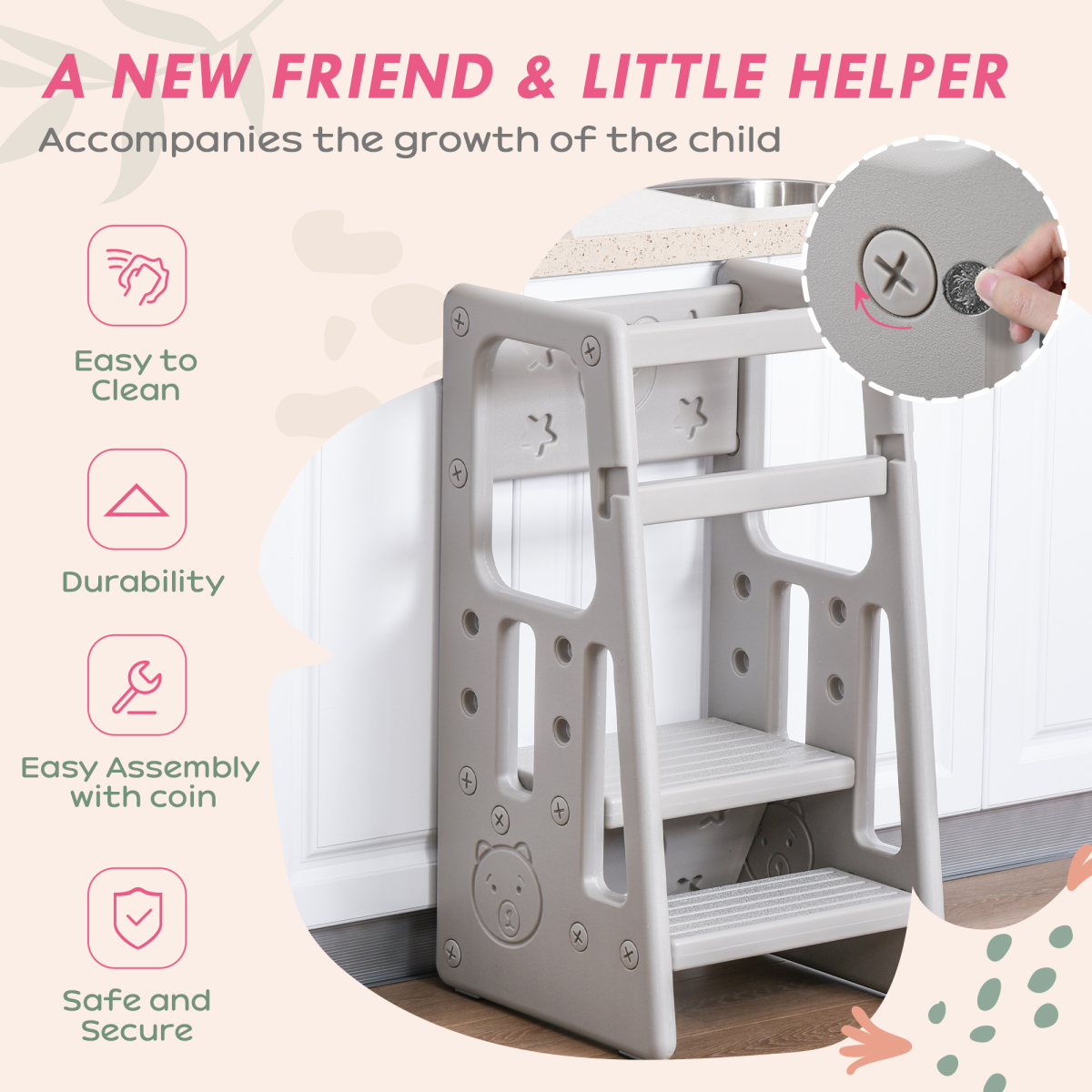 Adjustable Kids Step Stool - Safe & Stylish Toddler Kitchen Helper in Grey